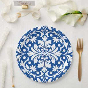 Prato De Papel Azulejo Ornado Azul e Branco Damask