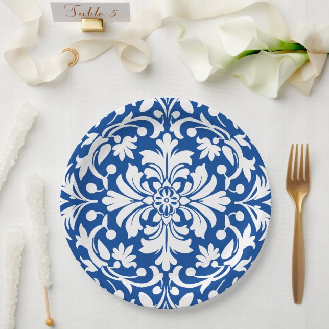 Prato De Papel Azulejo Ornado Azul e Branco Damask (Casamento)