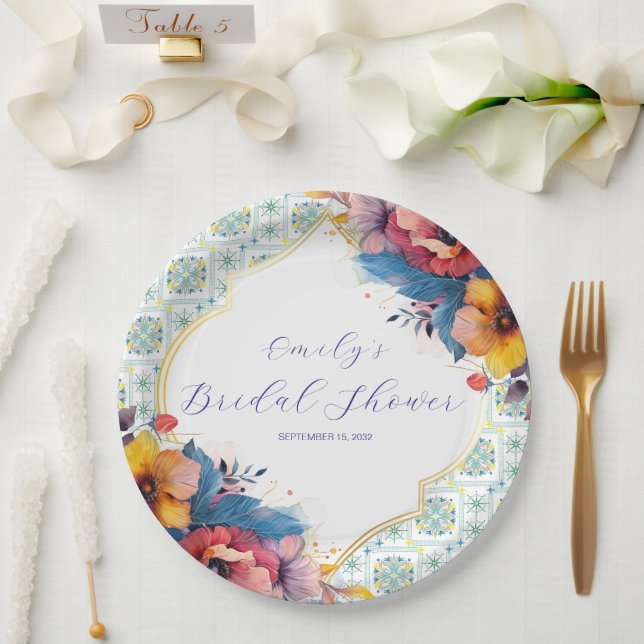 Prato De Papel Azulejos Azuis Mediterrâneos Elegantes para Chá de (Casamento)