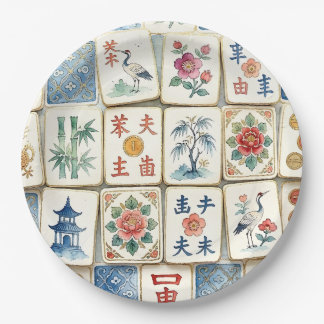 Prato De Papel Azulejos de Mahjong Chinoiserie Flores Aquarela Pá
