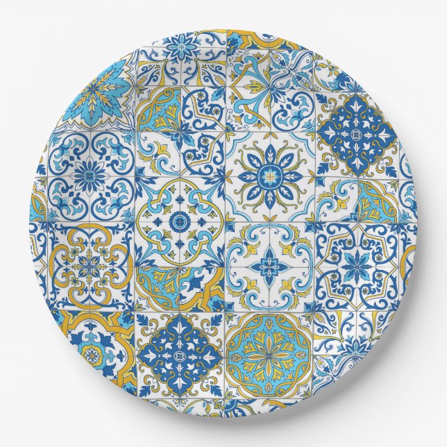 Prato De Papel Azulejos em azul e amarelo (Frente)