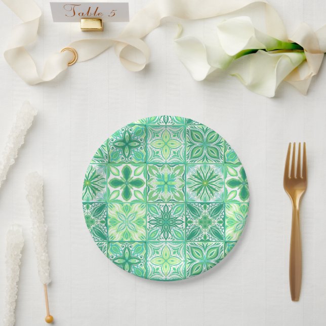 Prato De Papel azulejos ornamentados em verde e branco (Casamento)