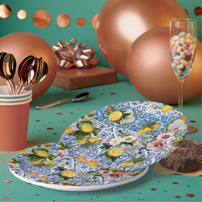 Prato De Papel Azulejos Padrão Mediterrâneo (Múltiplo)