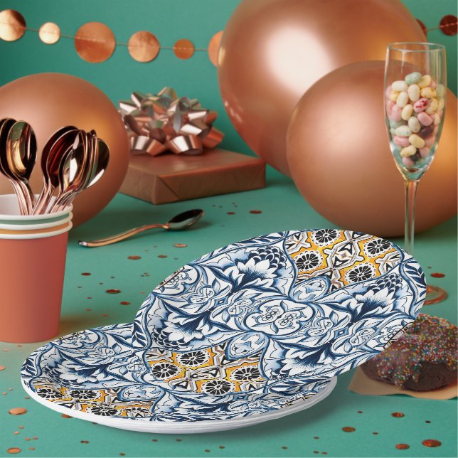 Prato De Papel Azulejos Padrão Mediterrâneo (Múltiplo)