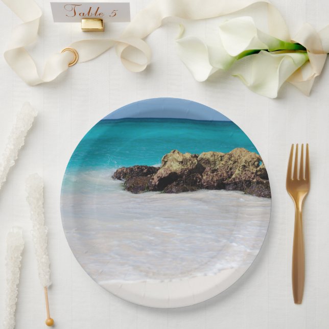 Prato De Papel Azure Ocean Sandy Beach Photo (Casamento)