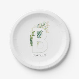 Prato De Papel B Monograma Folhas de Verdura Dourada Nome Elegant