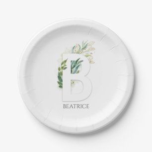 Prato De Papel B Monograma Folhas de Verdura Dourada Nome Elegant