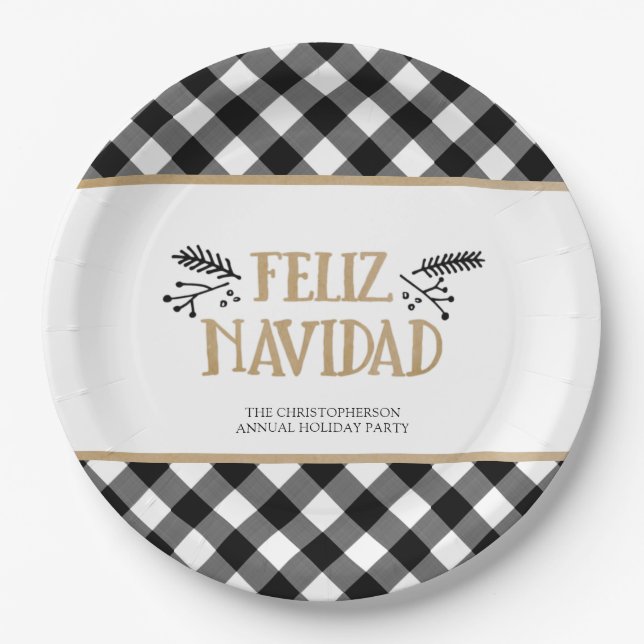 Prato De Papel B&W Buffalo Check FELIZ NAVIDAD Personalizado (Frente)