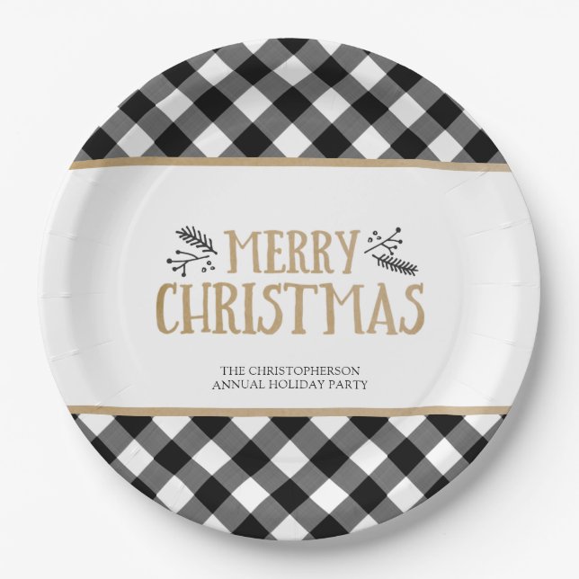Prato De Papel B&W Buffalo Check MERRISTMAS Personalizado (Frente)