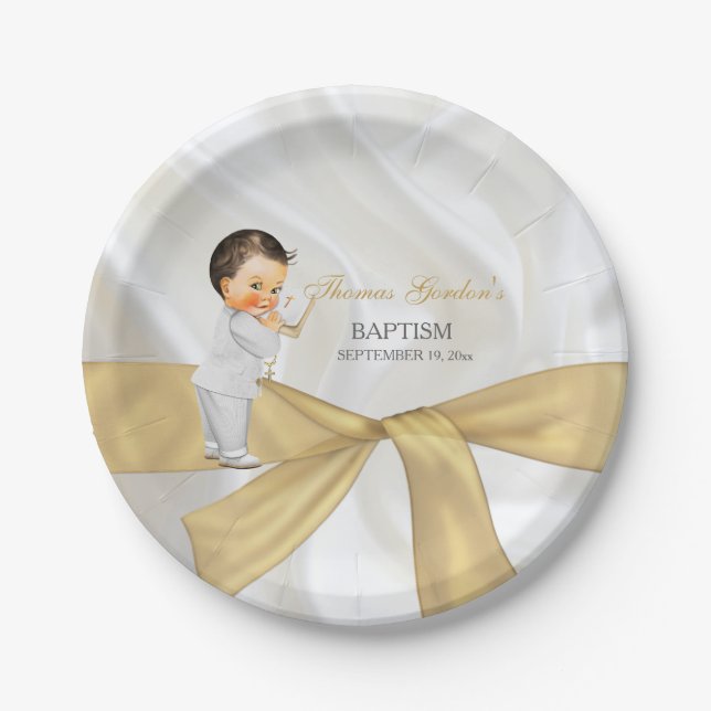 Prato De Papel Baby Boy Baptism Christening Dourado White (Frente)