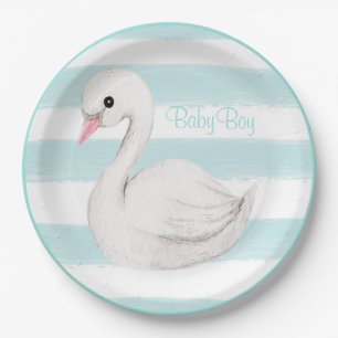 Prato De Papel Baby Boy Swan Blue Script Chá de fraldas