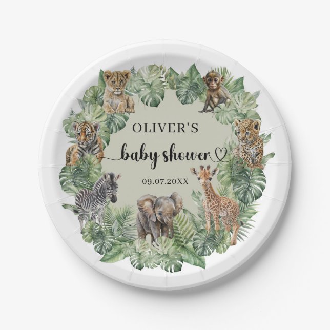 Prato De Papel Baby Boy Tropical Selgle Safari Animal Chá (Frente)