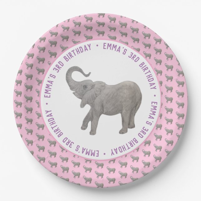Prato De Papel Baby Elephant Pink Birthday (Frente)