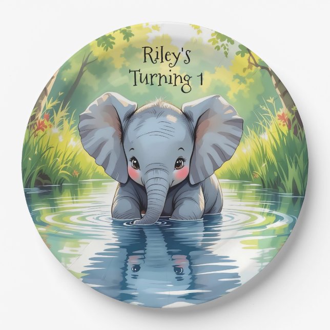Prato De Papel Baby Elephant Themed  Birthday Party Personalized (Frente)