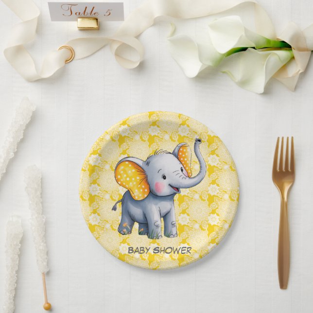 Prato De Papel Baby Elephant Yellow Polka Dot Ears Baby Shower (Casamento)