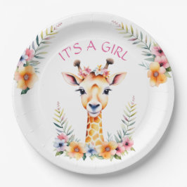 Prato De Papel Baby Giraffe Floral, é uma garota | CHÁ DE FRALDAS