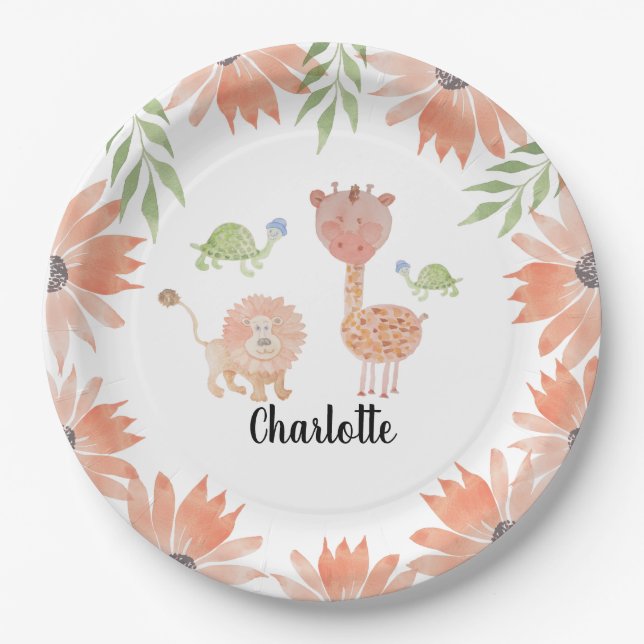 Prato De Papel Baby Giraffe Watercolor, pintada à mão (Frente)