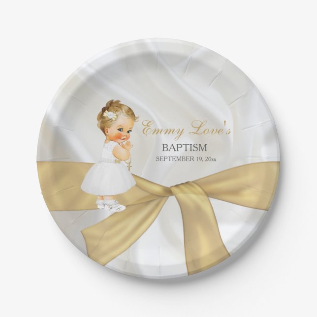Prato De Papel Baby Girl Baptism Christening Cross (Frente)