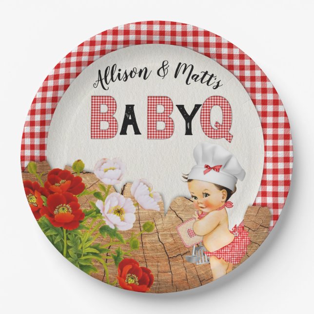 Prato De Papel Baby Girl Chá Red Gingham Baby Q Barbeque (Frente)