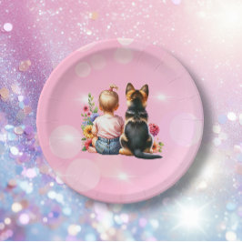 Prato De Papel Baby Girl e seu Puppy | Chá de fraldas