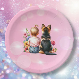 Prato De Papel Baby Girl e seu Puppy | Chá de fraldas