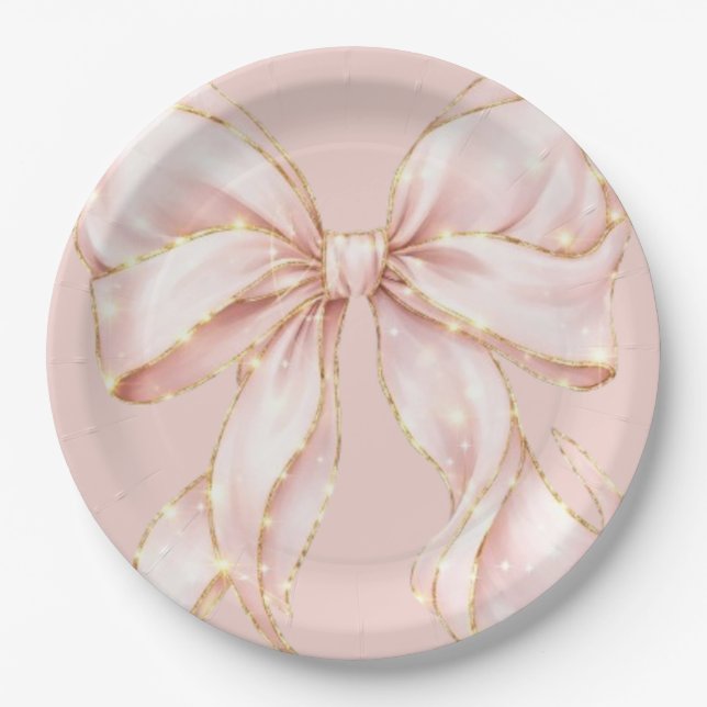 Prato De Papel Baby Girl Pink Bow Baby Shower Invitation (Frente)