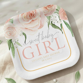 Prato De Papel Baby Girl Soft Pink Rose Garden Baby Shower 