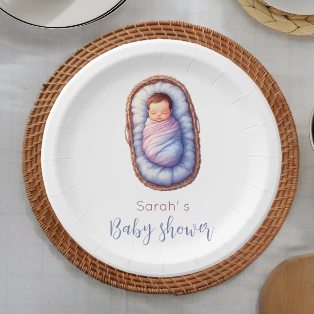 Prato De Papel Baby in Basket Modern Gender neutral | Baby Shower (Baby in Basket Modern Gender neutral | Baby Shower Paper Plates)