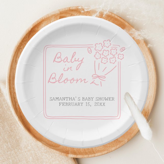 Prato De Papel Baby In Bloom Baby Shower (Hand Drawn Baby in Bloom Baby Shower Paper Plate)