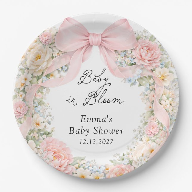 Prato De Papel Baby in Bloom Blush Pink Bow Floral Baby Shower (Frente)