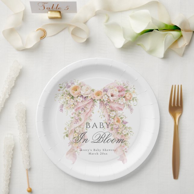 Prato De Papel Baby in bloom Floral Bow Girl Baby Shower  (Casamento)