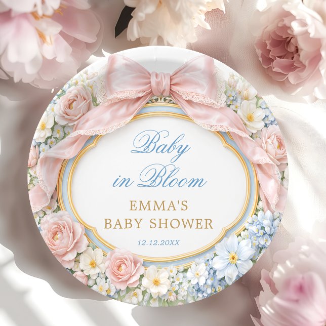 Prato De Papel Baby in Bloom Floral Pink Bow Girl Baby Shower (Criador carregado)