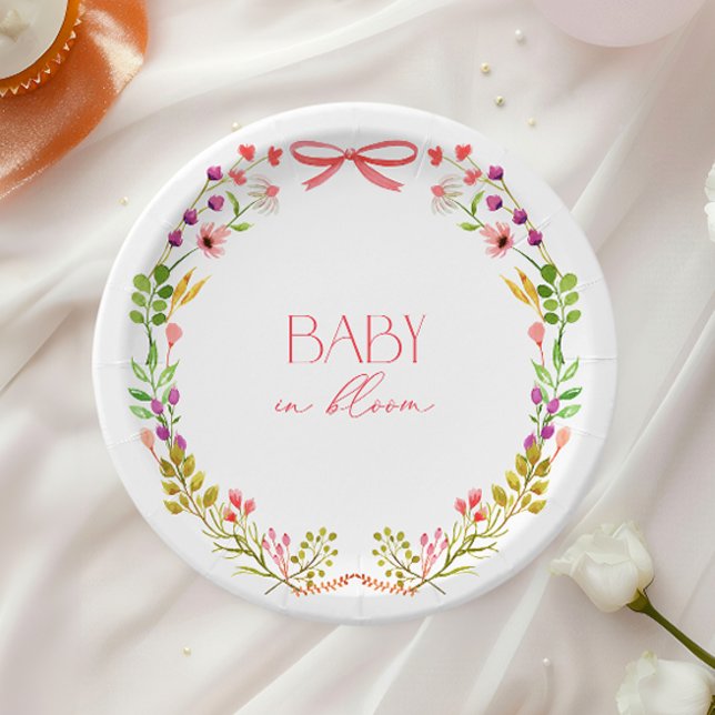 Prato De Papel Baby in Bloom Pink Bow Floral Garden Baby Shower (Criador carregado)