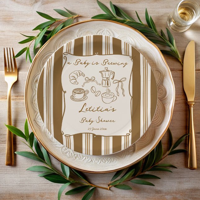Prato De Papel Baby is brewing retro stripes coffee baby shower  (Baby is brewing vintage retro brown stripes coffee baby shower personalized printed paper plates)