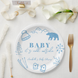 Prato De Papel Baby It's Cold Outside Hand-drawn Blue Baby Shower