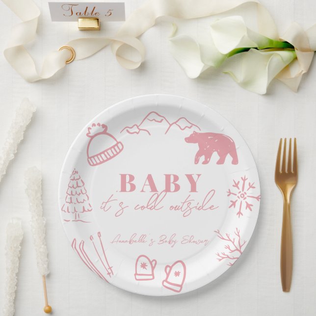 Prato De Papel Baby It's Cold Outside Hand-drawn Pink Baby Shower (Casamento)