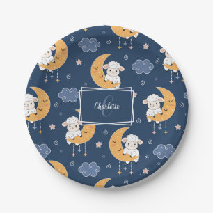 Prato De Papel Baby Lamb on Moon Patterno com Nome
