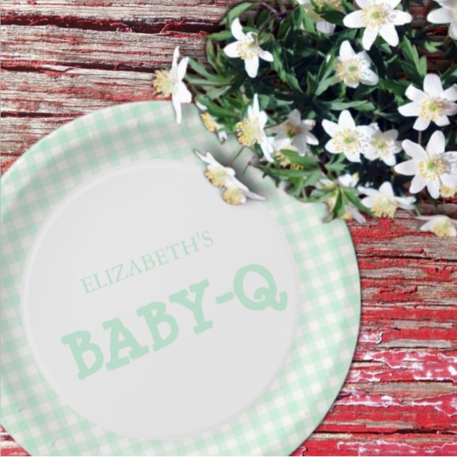 Prato De Papel Baby-Q Mint Green Gingham Baby Shower (Criador carregado)