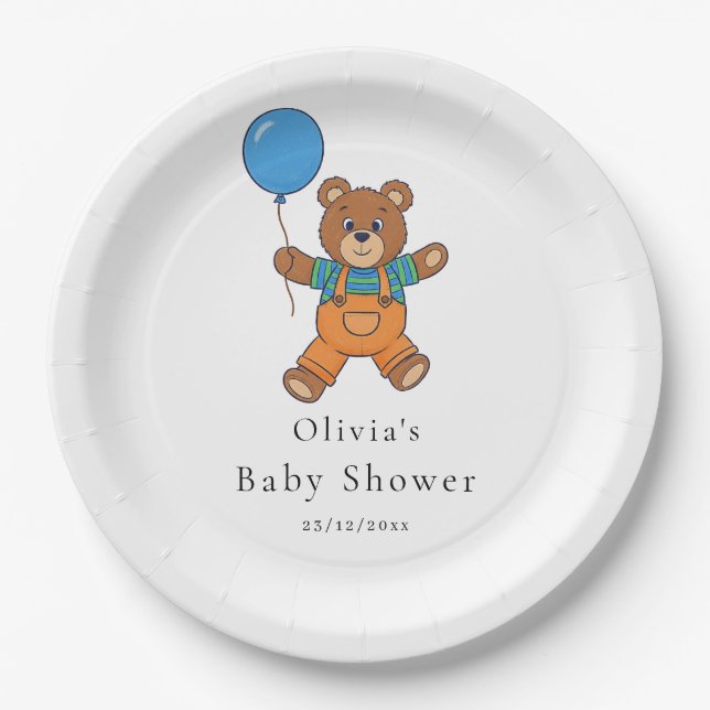 Prato De Papel Baby Shower for Boy Blue Balloon Teddy Bear  (Frente)