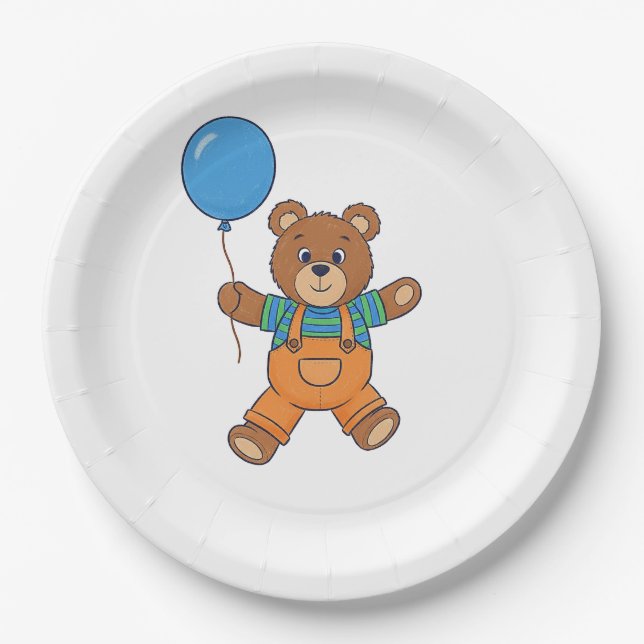 Prato De Papel Baby Shower for Boy Blue Balloon Teddy Bear  (Frente)