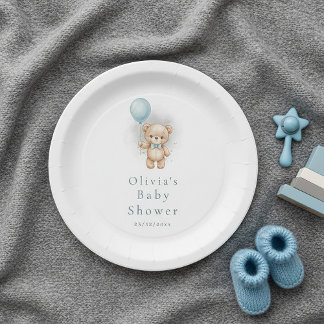 Prato De Papel Baby Shower for Boy Blue Balloon , Teddy Bear Bow