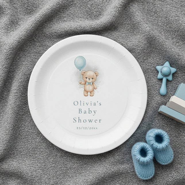 Prato De Papel Baby Shower for Boy Blue Balloon , Teddy Bear Bow (Criador carregado)
