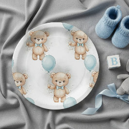 Prato De Papel Baby Shower for Boy Blue Balloon , Teddy Bear Bow