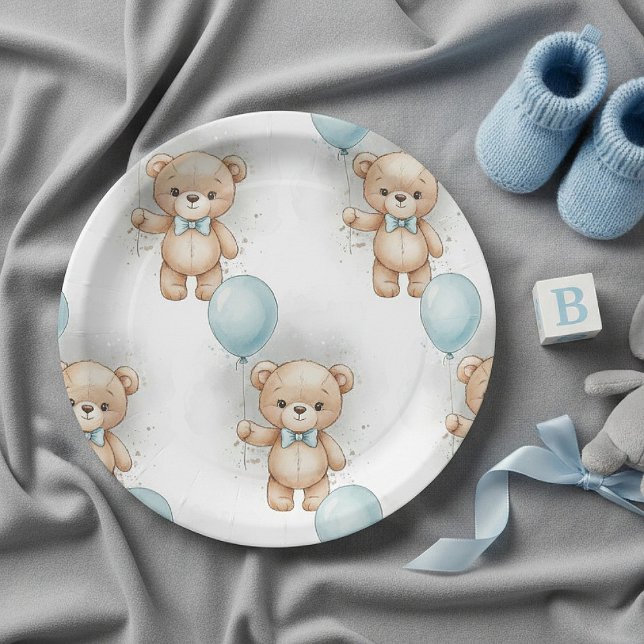 Prato De Papel Baby Shower for Boy Blue Balloon , Teddy Bear Bow (Criador carregado)
