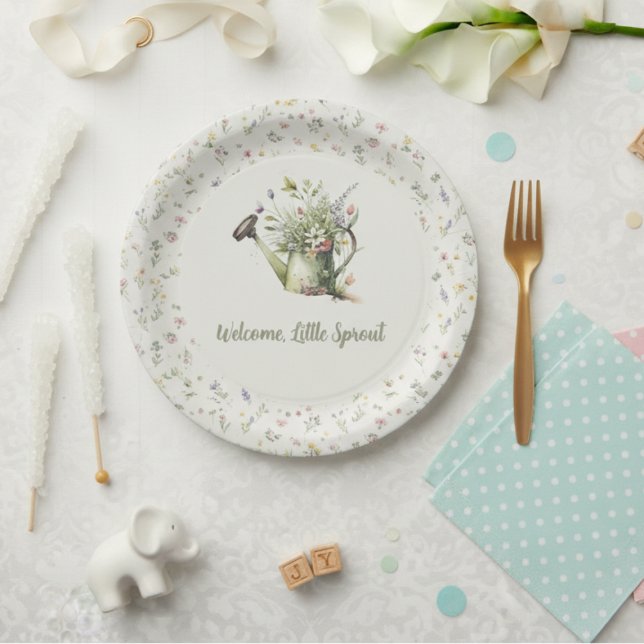 Prato De Papel Baby Shower Paper Plate - "Little Sprout" Floral (Baby shower paper plate)