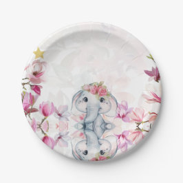 Prato De Papel Baby Shower Party Plate with Floral Elephant