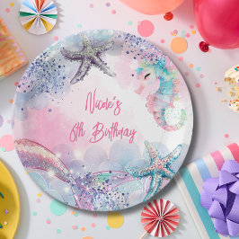Prato De Papel Baça de aniversário de sereia magia submarina