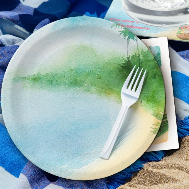 Prato De Papel Baía de Oceano Aquático de Praia Tropical de Verão (Summer tropical beach theme party plates from my Baby on Board baby shower collection)