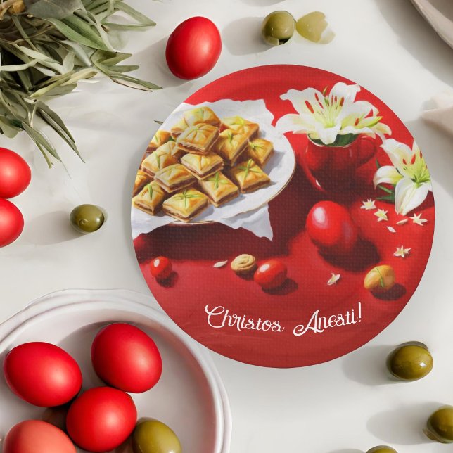 Prato De Papel Baklava de Páscoa Grega Com Ovos E Lírios Convite (A wonderful festive paper plate.)