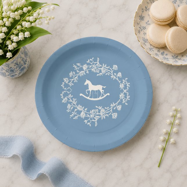 Prato De Papel Balanço Preppy Azul Wedgewood Chás de Bebê  (Preppy Wedgewood Blue Rocking Horse Baby Shower Paper Plates)
